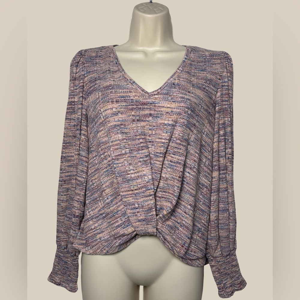 Democracy Long Blouson Sleeve V Neck Twist Hem Space Dye Knit Top SZ Petite L